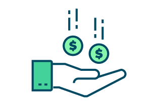 Graphic of hand catching coins with dollar signs