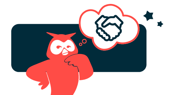 Cartoon of Hootsuite's mascot Owly thinking, with a thought bubble of two people shaking hands.